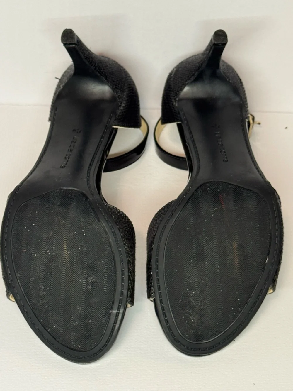 Liz Claiborne Black Embellished Ankle Strap Heels Woven 7.5 Rhinestone Sandals